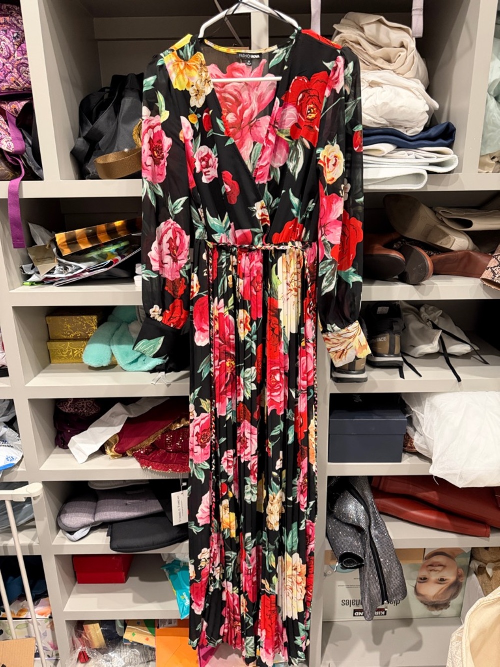 Fashion Nova Black Maxi Dress with Red & Pink Floral Print